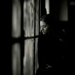 sad woman by the window